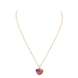 Gold Multi Crystal Pave American Flag Heart Pendant Necklace, enhance your attire with these vibrant artisanal earrings to show off your fun trendsetting style. Show your love for your country with these sweet American Flag heart necklaces.