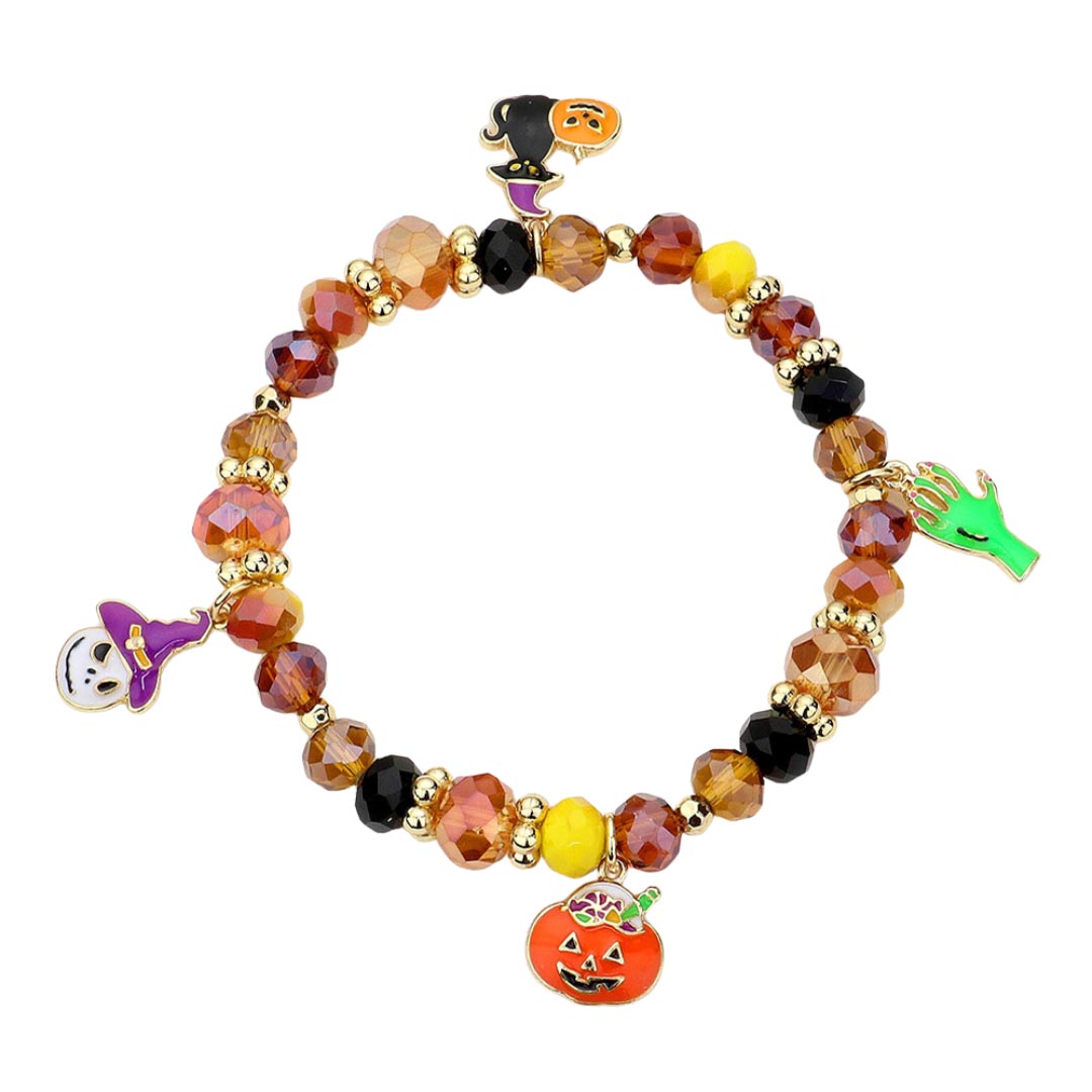 Gold Multi Halloween Theme Charms Faceted Beads Stretch Bracelet, enhance your attire with this beautiful Halloween bracelet to show off your fun trendsetting style at Halloween. This is the perfect gift for Halloween, especially for your friends, family, and the people you love and care about.