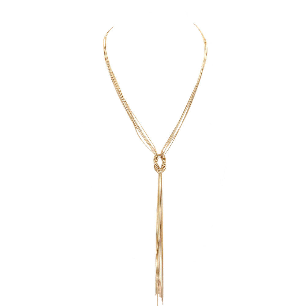Gold This Secret Box Metal Chain Knot Y Necklace features a stylish and intricate knot design crafted with metal alloy for a modern, yet timeless, look. The necklace is perfect for gifting yourself or someone you love. Wear this stylish necklace for any occasion! 