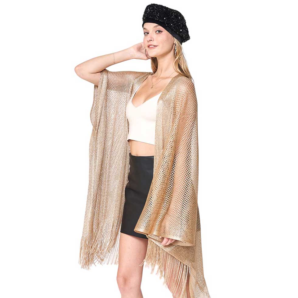 Gold Sparkle Glitter Mesh Kimono Poncho, is a must-have for fashion-forward women. Crafted with sparkling glitter mesh fabric, it adds a chic and stylish flair to any look. Its lightweight and breathable design also promises all-day comfort. Ideal gift choice for fashion-loving friends and family members.