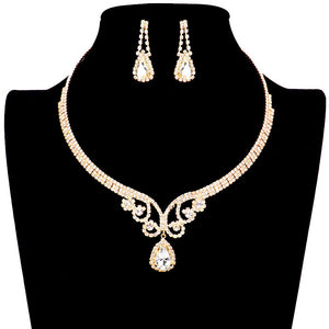 Gold Teardrop Stone Accented Rhinestone Jewelry Set features a beautiful teardrop-shaped stone at its center surrounded by a dazzling array of rhinestones. Perfect for special occasions, this set is sure to make you shine. Ideal gift for friends and family members on any day.
