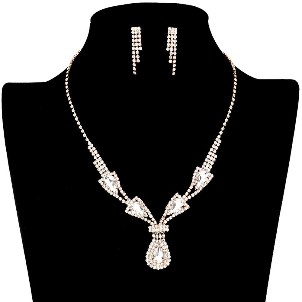 Gold Teardrop Stone Accented Rhinestone Jewelry Set, adds a touch of sophistication to any outfit with this beautiful set. Perfect for enhancing any special occasion, this jewelry set will add classic charm and elegance to your look. Gift for birthdays, anniversaries, Mother's Day, or any other meaningful occasion.