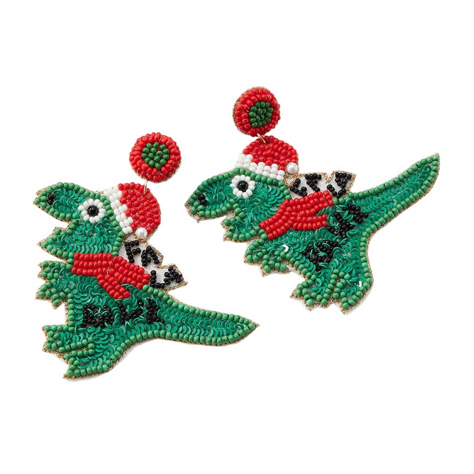 Green Fa La Rawr Message Felt Back Seed Beaded Santa Hat Dinosaur Earrings, perfect for the festive season, embrace into the Christmas spirit with these holiday earrings, add cheer to your ears, they are bound to cause a smile or two. Perfect Gift December Birthdays, Christmas, Stocking Stuffers, Secret Santa, BFF, etc.