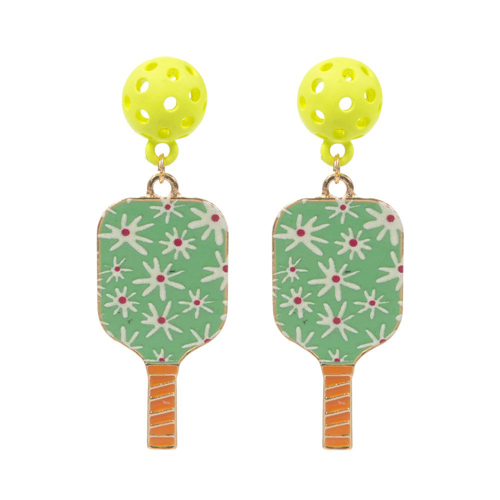 Green Flower Enamel Flower Pickle Ball Paddle Dangle Earrings. Step up your style game with these. These earrings feature intricately designed enamel flowers paired with pickleball paddles, making them the perfect accessory for any fashion-forward individual. Elevate your look with these exclusive and elegant earrings.
