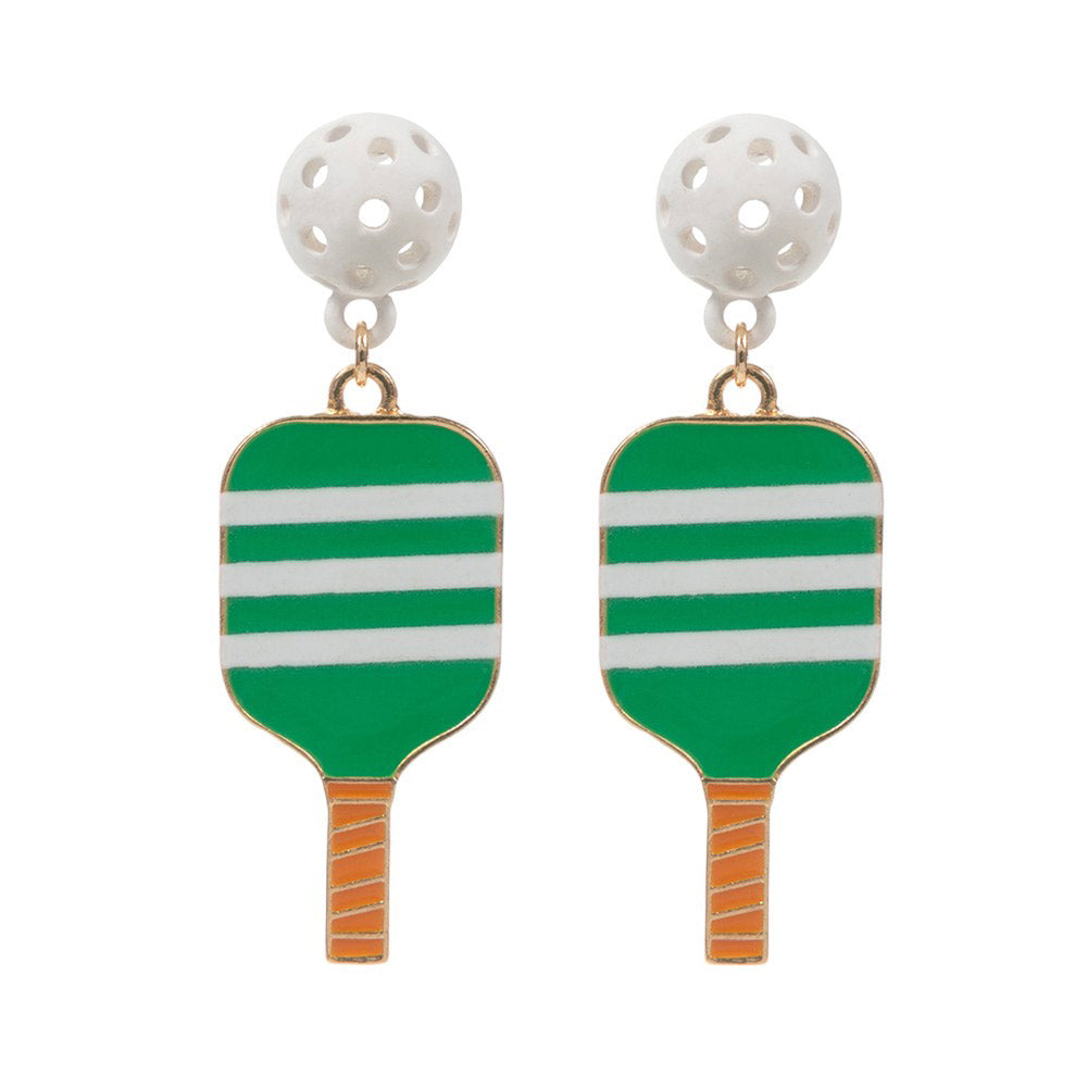 Green Stripe Enamel Flower Pickle Ball Paddle Dangle Earrings. Step up your style game with these. These earrings feature intricately designed enamel flowers paired with pickleball paddles, making them the perfect accessory for any fashion-forward individual. Elevate your look with these exclusive and elegant earrings.