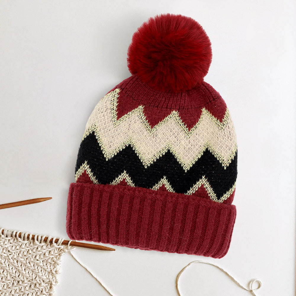 Zigzag Chevron Patterned Fuzzy Fleece Pom Pom Beanie Hat  display picture 3