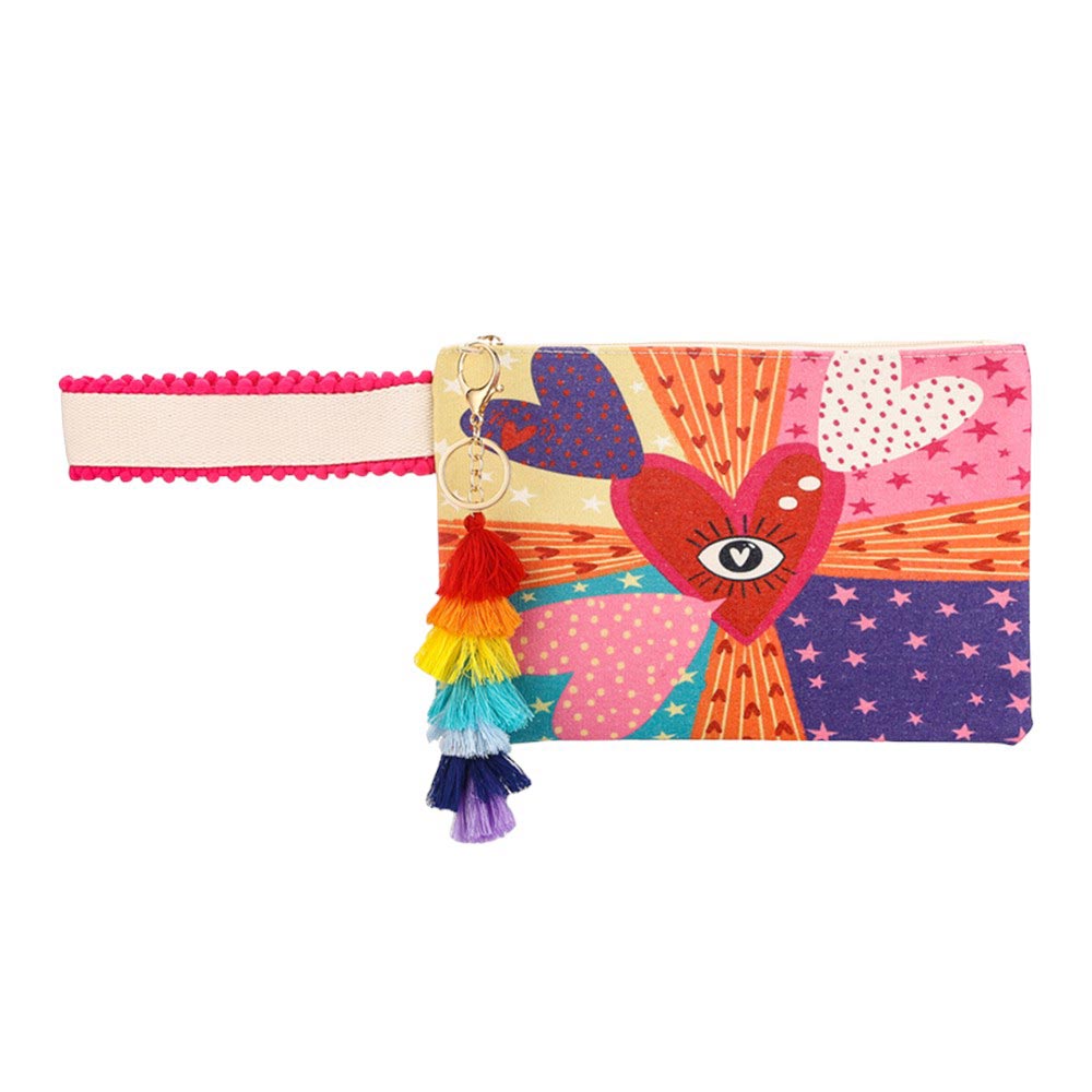 Heart Evil Eye Pointed Tassel Keychain Pouch Bag Clutch is an essential accessory for any fashion-forward individual. With its intricate design featuring a heart-shaped evil eye, pointed tassel, and convenient keychain attachment, this pouch is Perfect for holding small essentials, it is a must-have for those on the go