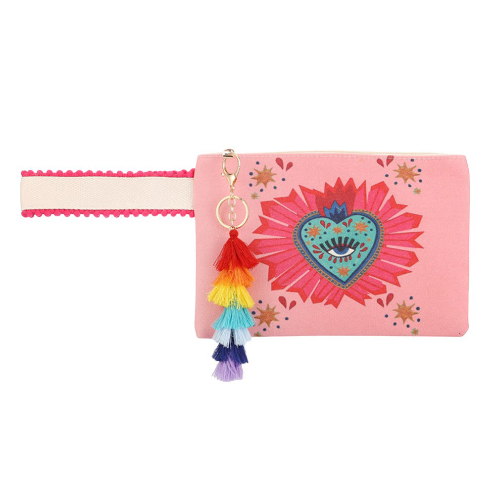 Heart Evil Eye Print Pointed Tassel Keychain Pouch Clutch, This fashionable bag is perfect for adding a touch of style to any outfit. The unique design features a heart and evil eye print, along with a pointed tassel and attached keychain. Keep your essentials close at hand while making a statement with this bag.