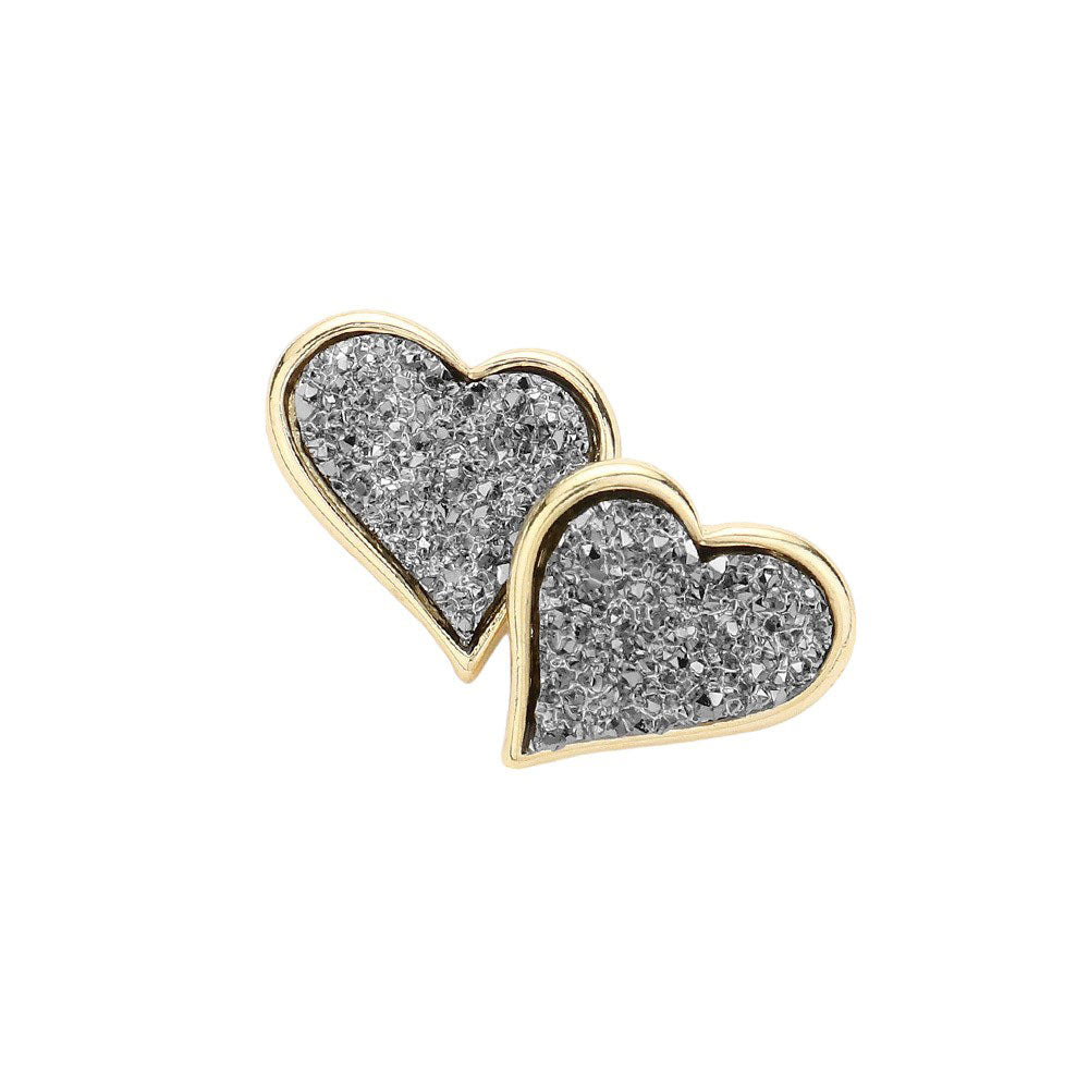 Black Druzy Heart Stud Earrings, Enhance your look with these stunning earrings. The unique druzy hearts add a touch of elegance and sparkle to any outfit. Crafted with high-quality materials, these earrings are perfect for any occasion. Elevate your style and make a statement with these must-have earrings.