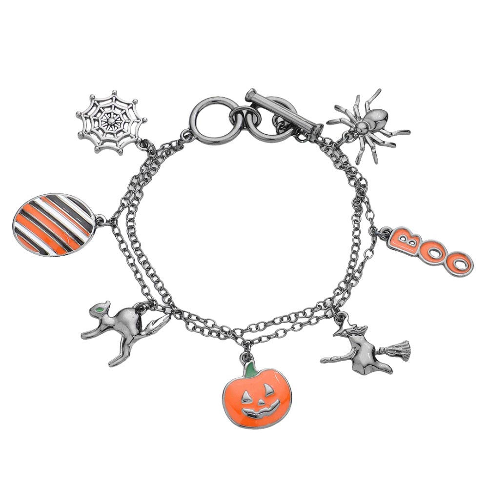 Hematite Halloween Boo Pumpkin Witch Spider Cobweb Toggle Bracelet, enhance your attire with this beautiful bracelet to show off your fun trendsetting style at Halloween. This tiny bracelet will surely bring a smile to one's face as a gift. This is the perfect gift for Halloween, especially for your friends, and family.