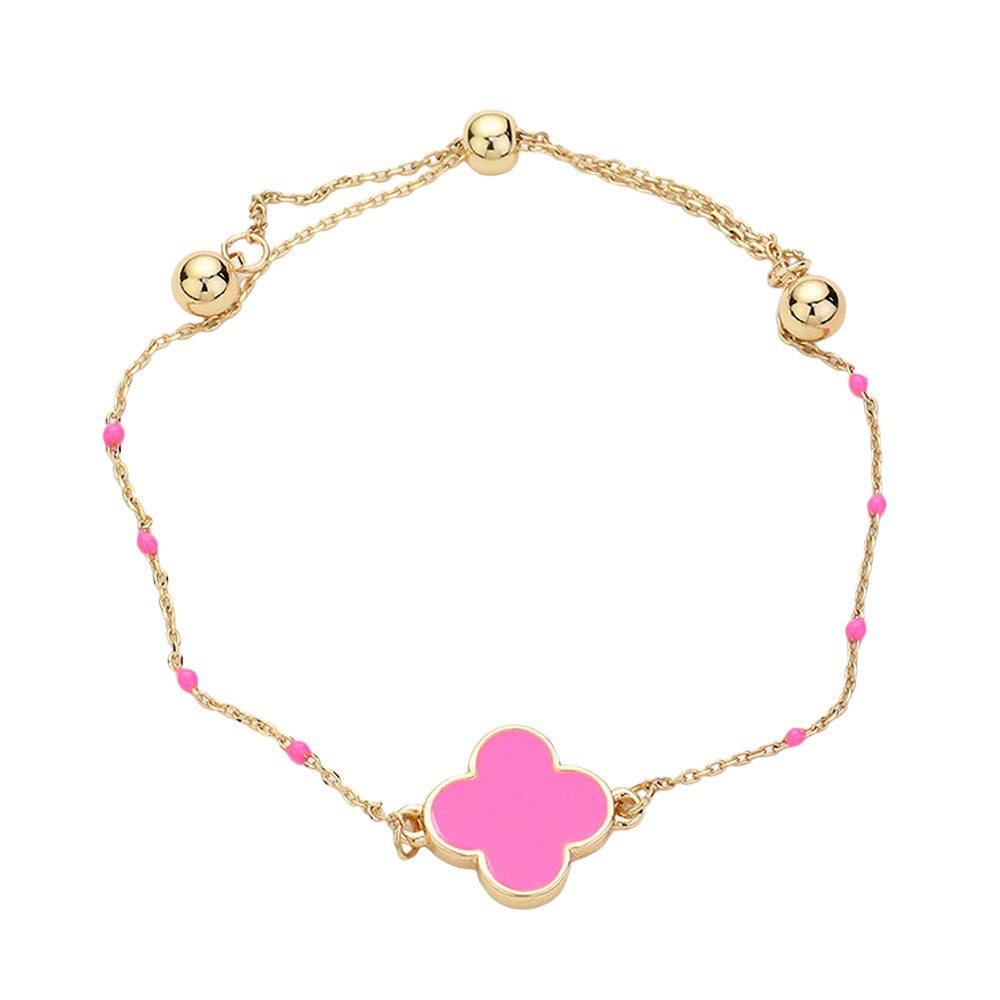 Hot Pink Enhance your style with our Quatrefoil Pendant Accented Seed Beads Strand Pull Tie Cinch Bracelet. Crafted with intricate details, this bracelet is perfect for adding a touch of elegance to any outfit. The adjustable pull tie allows for a comfortable and secure fit. Step up your fashion game today.