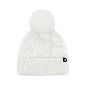 Ivory C.C All Over Clear Sequin Pom Beanie, this C.C beanie stands out with its sparkling sequins that cover the entire surface. It's the autumnal touch you need to finish your outfit in style. Awesome winter gift accessory for Birthdays, Christmas, Anniversary, or Valentine's Day to your friends, family, and loved ones.