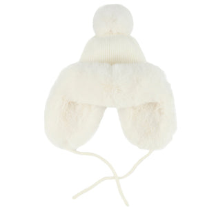 Ivory C.C knitted Trapper Hat, is designed to keep your head and ears warm in cold. Crafted from thick acrylic, it features a comfortable, stretchy fit with soft fleece lining for extra warmth. An elastic drawstring ensures a secure fit and keeps the wind out. Stay warm and stylish with this fashionable trapper hat.