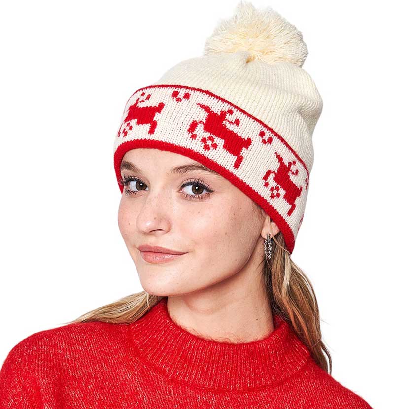 Black Reindeer Holiday Pom Pom Beanie Hat, is the ideal accessory to complete your winter wardrobe in this Christmas. It features a comfortable ribbed knit construction, with a decorative reindeer design and a festive pom-pom topper. Keep your head warm and stay stylish in this. Perfect winter season festival gift idea.