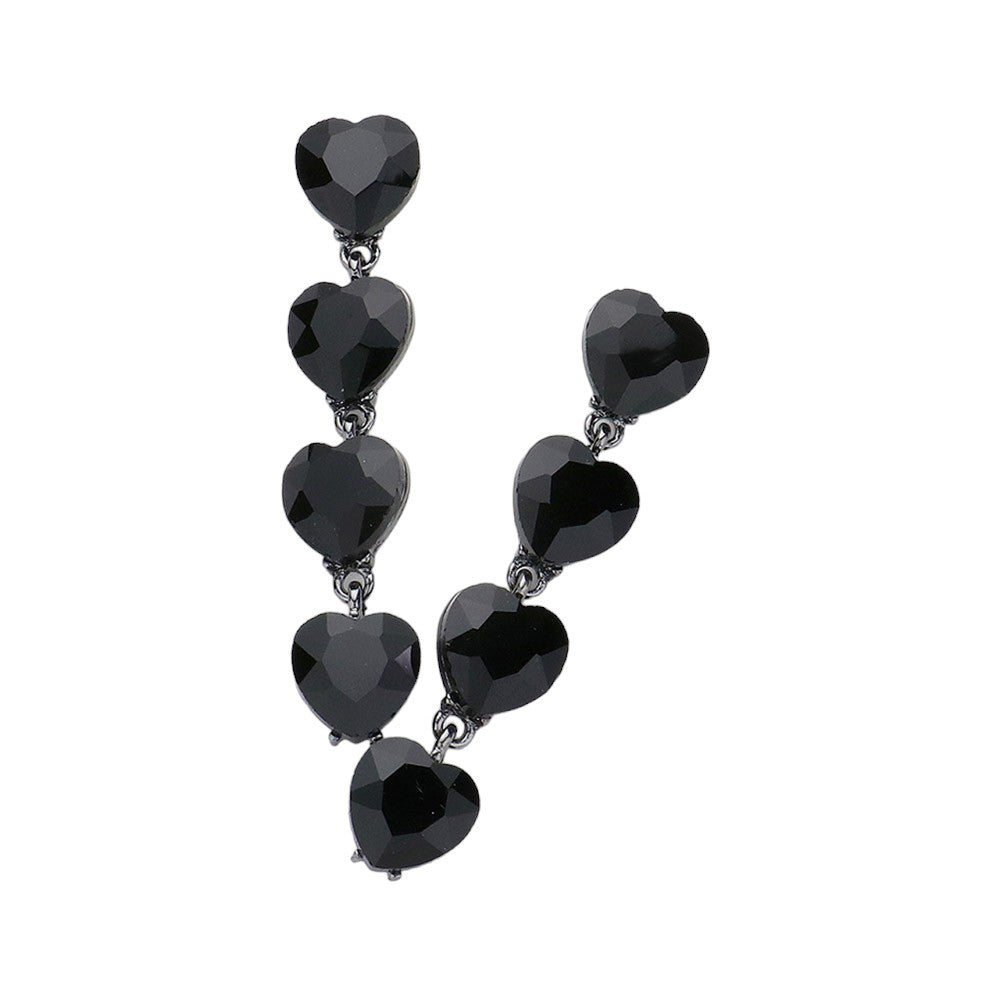 Jet Black Heart Stone Cluster Link Dropdown Evening Earrings. These elegant earrings feature a stunning heart stone cluster design, linked together for a sophisticated and glamorous look. Perfect for any evening event, these earrings add a touch of luxury to any outfit. Elevate your style with these beautiful earrings. 