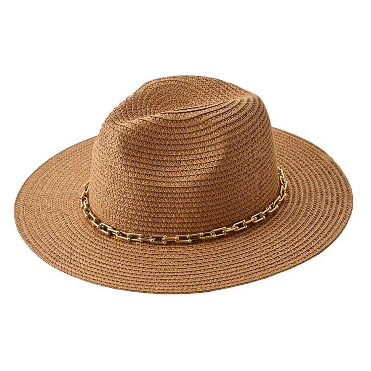 Khaki sleek and stylish Hardware Chain Band Pointed Straw Hat. Made with high-quality straw and adorned with a chic hardware chain band, this hat is the perfect accessory for any outfit. Its pointed design adds a touch of elegance while providing protection from the sun. Upgrade your look with this hat.