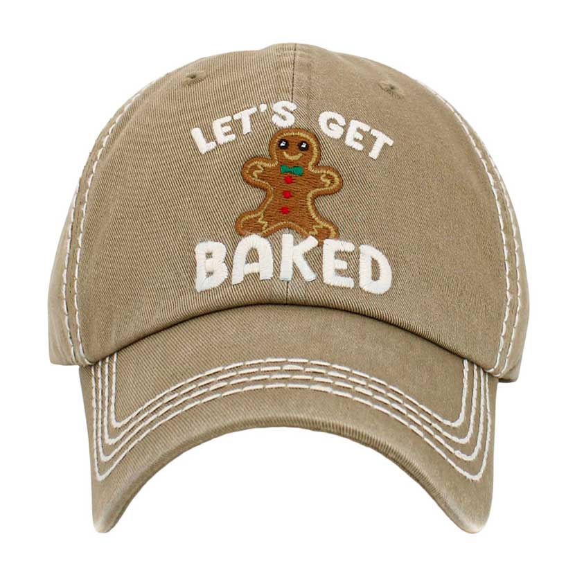 Black Let's Get Baked Message Gingerbread Man Pointed Vintage Baseball Cap, Crafted with a curved visor and adjustable back closure, this baseball cap adds a pop of fun to any sporty or casual outfit. The stitched design features a delicious gingerbread man making it a nice gift choice for sports lovers on Christmas days.
