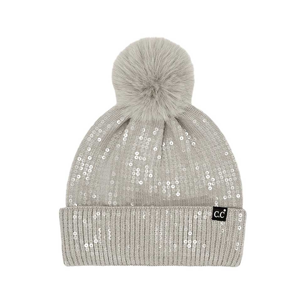 Light Gray C.C All Over Clear Sequin Pom Beanie, this C.C beanie stands out with its sparkling sequins that cover the entire surface. It's the autumnal touch you need to finish your outfit in style. Awesome winter gift accessory for Birthdays, Christmas, Anniversary, or Valentine's Day to your friends, family, and loved ones.