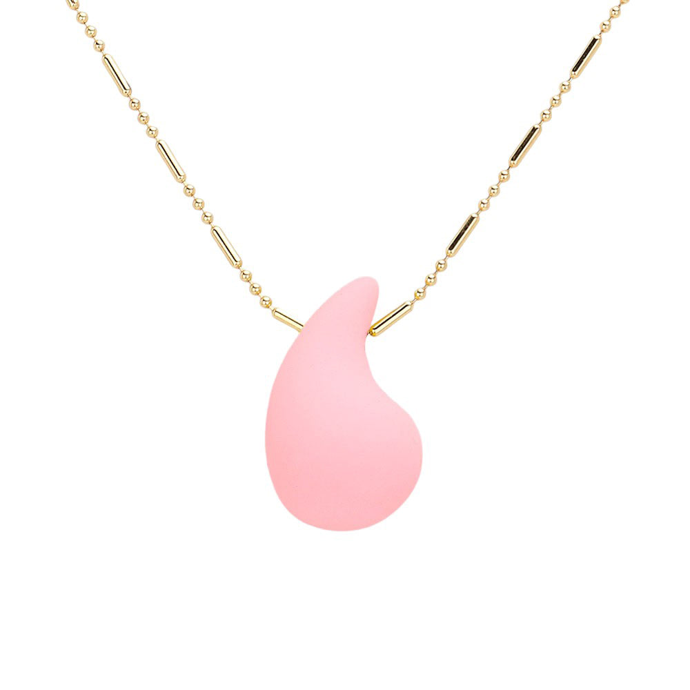 Light Pink  stunning Matte Colored Teardrop Pendant Necklace is a must-have for any fashion-forward individual. Its matte finish adds a touch of sophistication, while the teardrop shape provides a delicate and feminine touch. Elevate any outfit with this stylish and versatile piece.