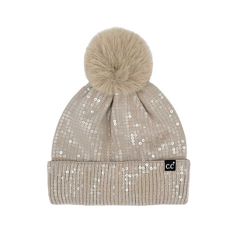 Light Taupe C.C All Over Clear Sequin Pom Beanie, this C.C beanie stands out with its sparkling sequins that cover the entire surface. It's the autumnal touch you need to finish your outfit in style. Awesome winter gift accessory for Birthdays, Christmas, Anniversary, or Valentine's Day to your friends, family, and loved ones.