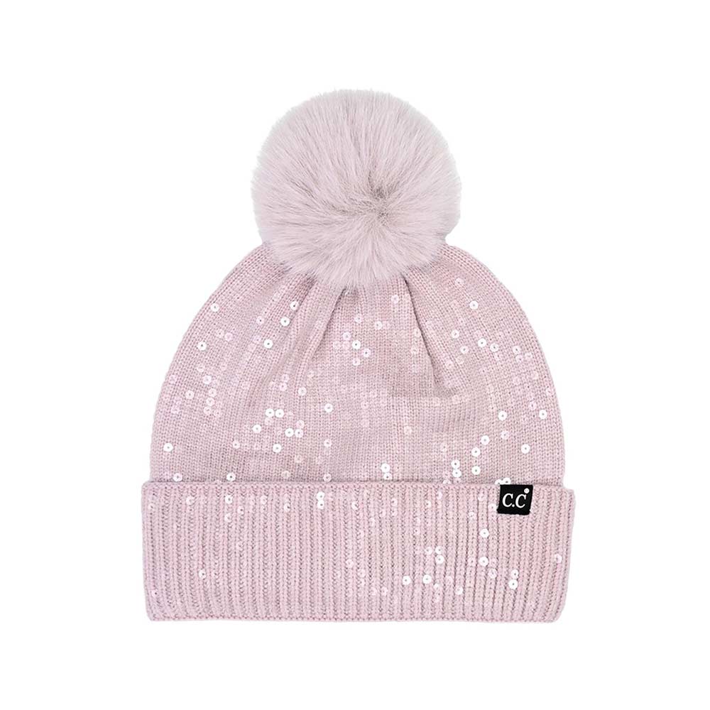 Lilac C.C All Over Clear Sequin Pom Beanie, this C.C beanie stands out with its sparkling sequins that cover the entire surface. It's the autumnal touch you need to finish your outfit in style. Awesome winter gift accessory for Birthdays, Christmas, Anniversary, or Valentine's Day to your friends, family, and loved ones.