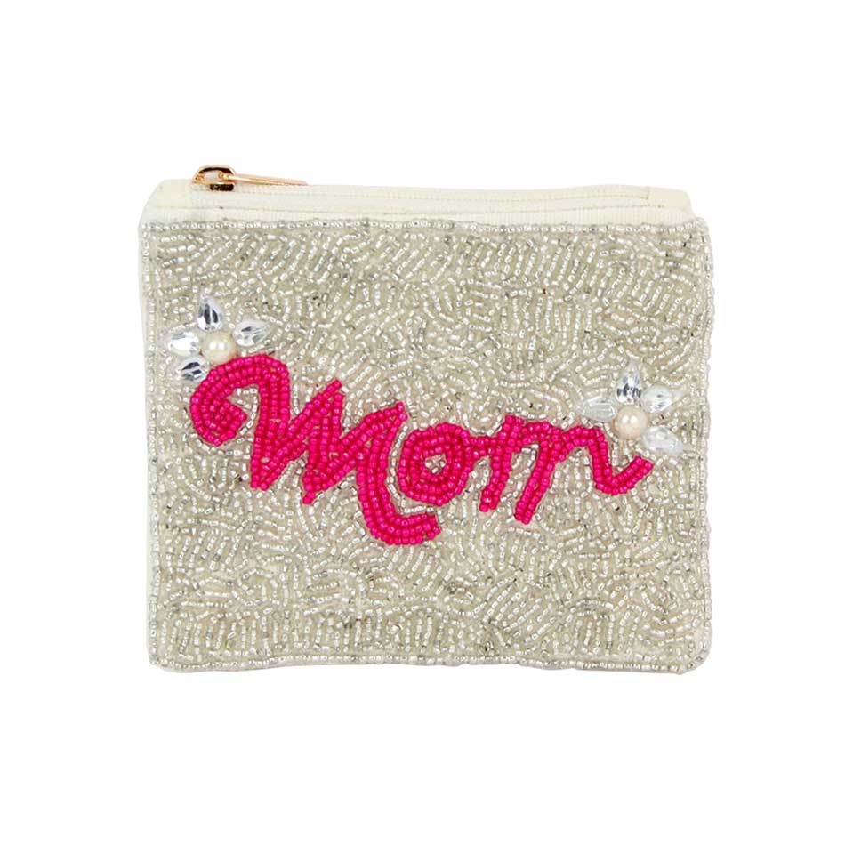 MOM Message Seed Beaded Mini Pouch Bag, This bag is both stylish and sentimental. The intricate seed-beaded design adds a unique touch to any outfit, perfect for any occasion. This bag is a must-have for any fashion-forward individual. Celebrate the special bond with your mom with this one-of-a-kind pouch bag.
