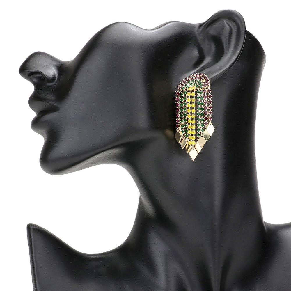 Mardi Gras Rhombus Tip Rhinestone Half Moon Fringe Earrings, Add a touch of elegance to your Mardi Gras outfit with these. Made with high-quality metal and featuring a unique rhombus tip design, these earrings are sure to make a statement. Stand out from the crowd and add a touch of sparkle to your style.