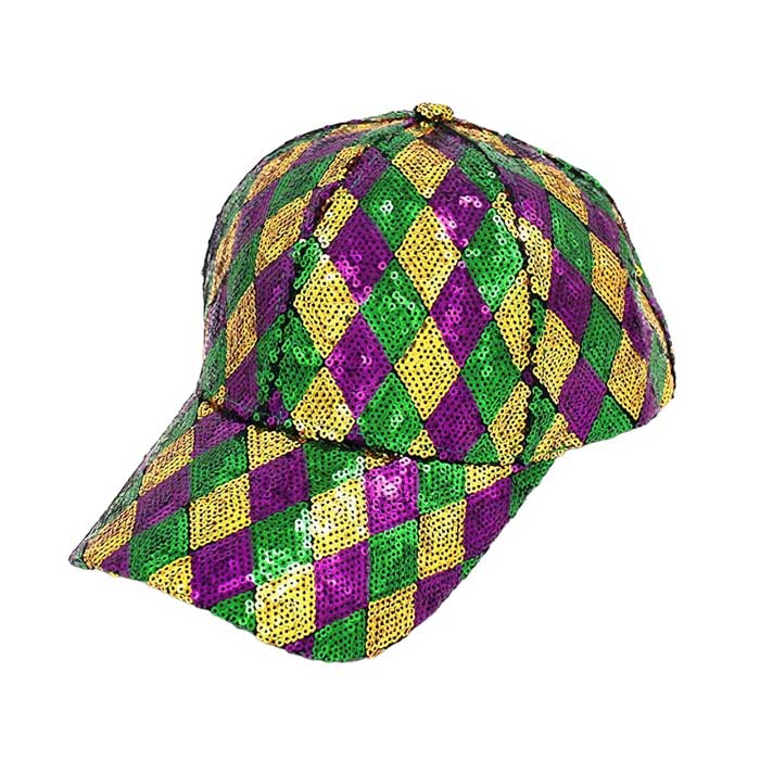 Mardi Gras Sequin Baseball Cap. Stand out and make a statement with our Baseball Cap. The cap is embellished with sparkling sequins in traditional Mardi Gras colours. Perfect for adding some festive flair to your outfit, whether at a parade or party.