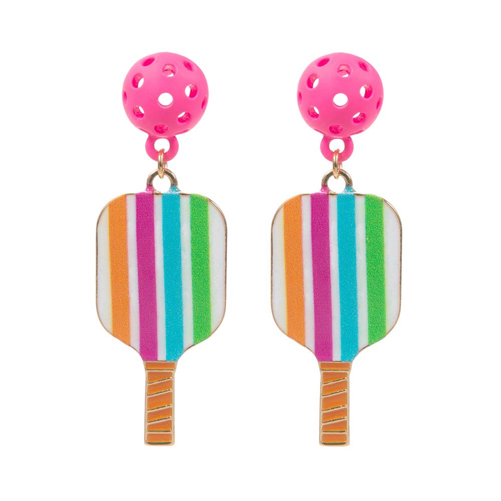 Multi Enamel Flower Pickle Ball Paddle Dangle Earrings. Step up your style game with these. These earrings feature intricately designed enamel flowers paired with pickleball paddles, making them the perfect accessory for any fashion-forward individual. Elevate your look with these exclusive and elegant earrings.