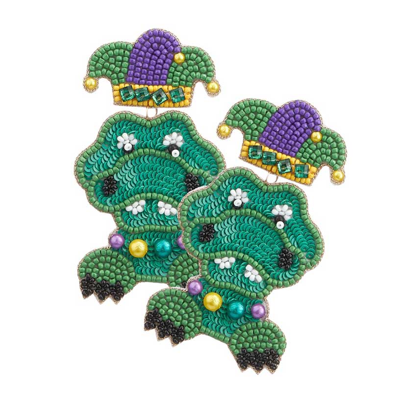 Multi Felt Back Mardi Gras Crocodile Alligator Beaded Earrings, are statement pieces that will liven up any outfit. Crafted with craftsmanship and care, the beads and croc alligator design make for an eye-catching style. Durable and stylish, these earrings will stand out in any ensemble.