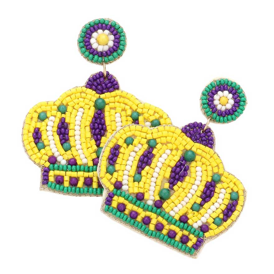 Felt Back Seed Beaded Mardi Gras Crown Dangle Earrings are expertly designed to add a touch of festive elegance to any outfit. The intricate beadwork and soft felt backing provide both unique style and comfort. Perfect for Mardi Gras celebrations or anytime you want to make a statement. Show off your festive spirit.