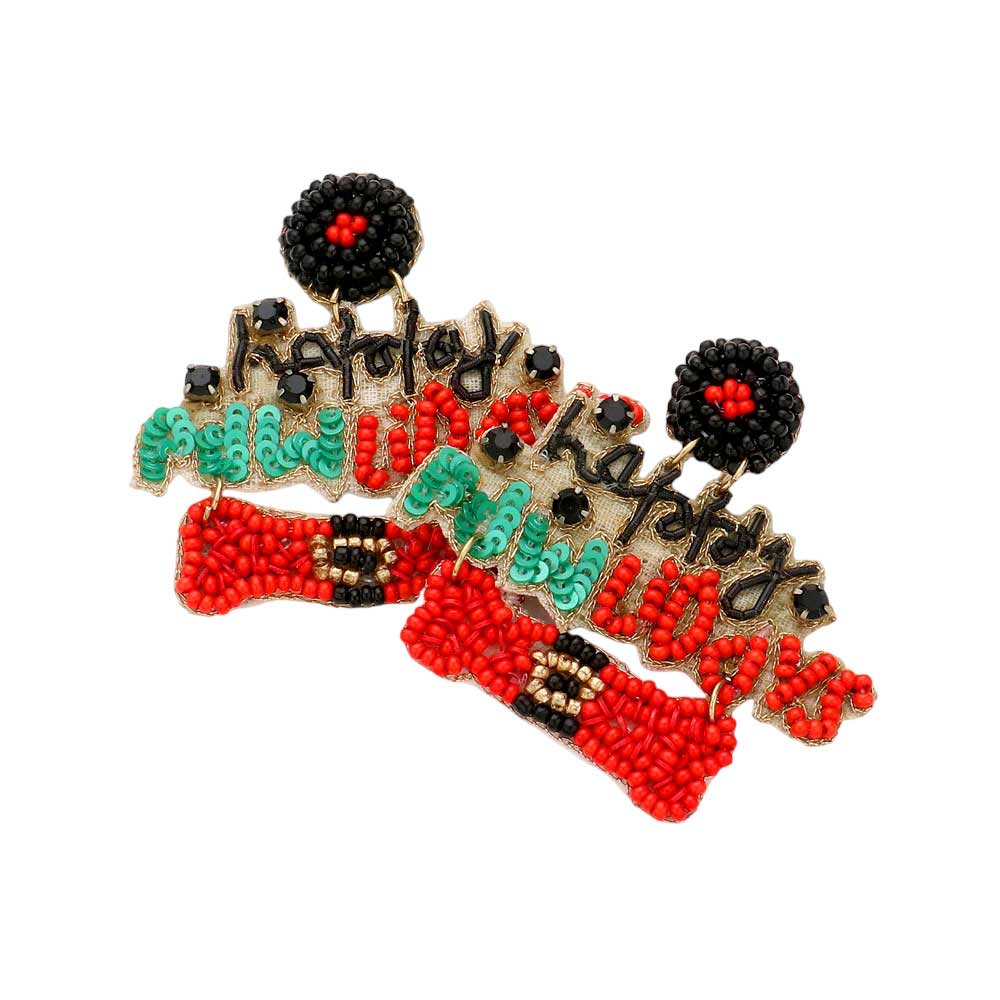 Multi Happy Pawlidays Message Felt Back Beaded Dog Bone Earrings, are fun handcrafted jewelry that fits your lifestyle, adding a pop of pretty color. Enhance your attire with these vibrant artisanal earrings to show off your fun trendsetting style. Great gift idea for your Wife, Mom, your Loving one, or any family member.