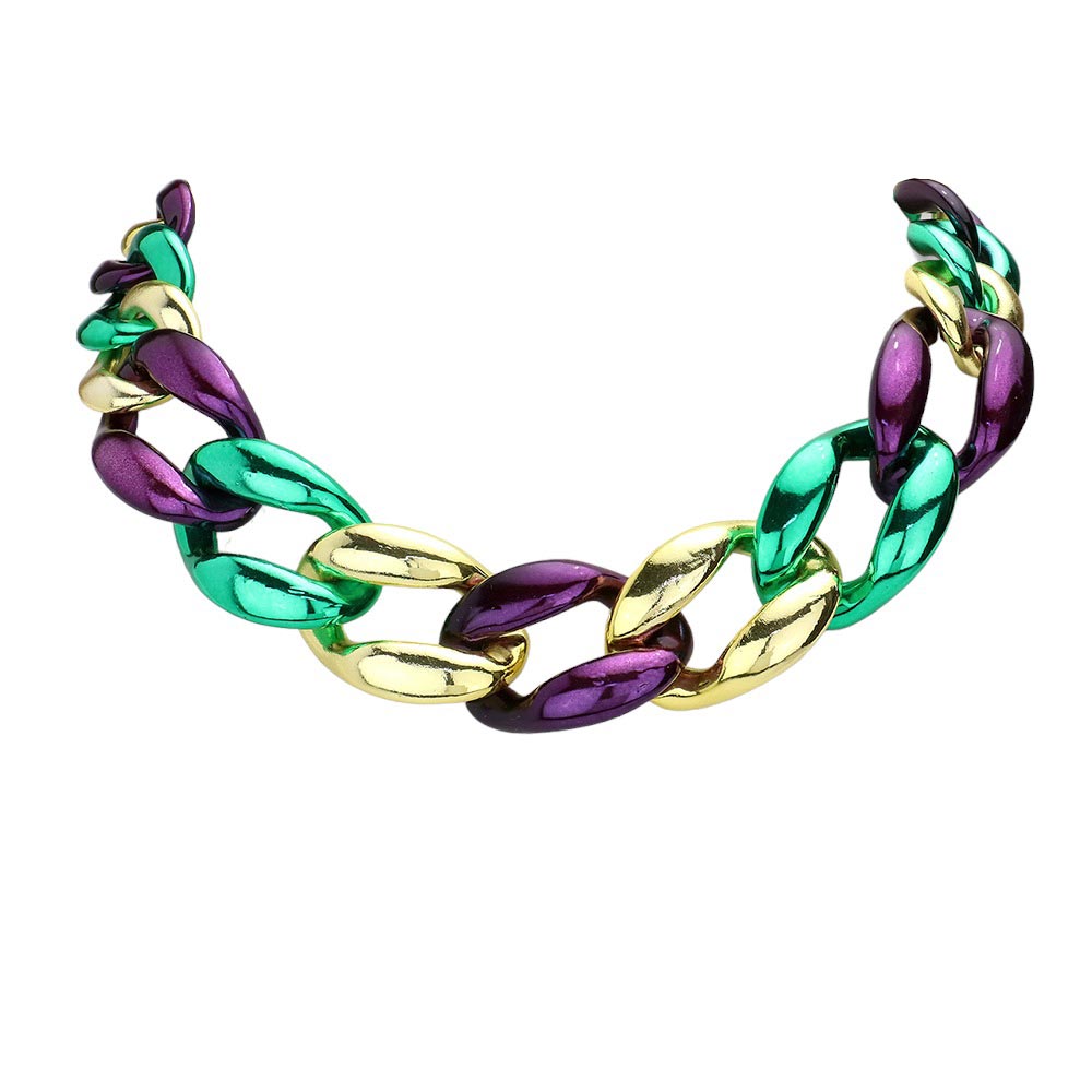 Multi Mardi Gras Chunky Chain Necklace, Crafted from quality materials and featuring vibrant multi-colored beads, it adds a bold statement to your look. The necklace is durable and strong, providing long-lasting wear. Make a statement with this beautiful necklace. Perfect festival gift for loved family members and friends.