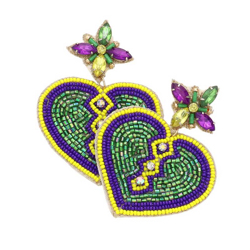 Multi Mardi Gras Felt Back Beaded Heart Dangle Earrings, Brighten up any ensemble. Adorned with colorful beads and intricate detailing, these earrings will surely add a touch of glamour of Mardi Gras to any outfit. The felt back ensures a comfortable fit. A thoughtful festive gift to the people you care about.