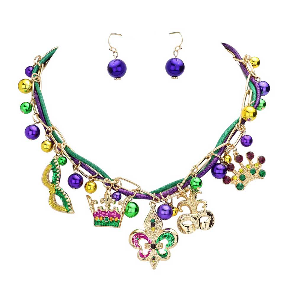 Multi Mardi Gras Fleur de Lis Mask Crown Pendant Thread Jewelry Set, Elevate your Mardi Gras style. Made with intricate detailing and vibrant colors, this set is perfect for any festive occasion. Show off your unique fashion sense and embrace the party with this one-of-a-kind piece. Perfect for celebrations and everyday wear