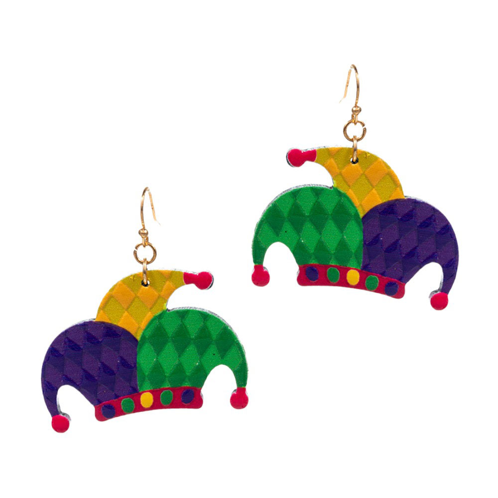 Multi Mardi Gras Jester Pierrot Hat Dangle Earrings, Crafted with quality materials and intricate design, these eye-catching earrings feature a jester's hat with a shimmering metal alloy. Perfect for Mardi Gras or everyday wear, it will add a touch of glamour to your look. Thoughtful festive gift idea for loved ones.