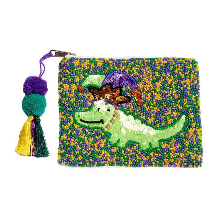 Multi Mardi Gras Seed Beaded Alligator Pom Pom Tassel Mini Pouch Bag, This unique bag brings a touch of Mardi Gras-inspired fun to your look. Crafted of colorful Mardi Gras seed beads, the bag is detailed with a pom pom tassel and alligator-style hardware accents. A perfect festive gift for someone you love and care about.