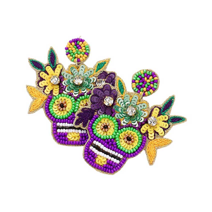 Multi Mardi Gras The Day Of Death Skull Beaded Sequin Dangle Earrings, feature felt backing and intricate beading made from top-grade sequins. The unique design makes them the perfect accessory for any Mardi Gras celebration or special occasion. Perfect choice for giving a festive gift to someone you care about.