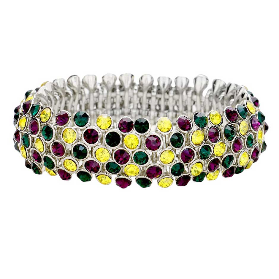 Multi Purple Mardi Gras Bubble Stone Stretch Evening Bracelet, has a unique bubble stone design with a comfortable stretch that makes it ideal for celebrating Mardi Gras or any special occasion. Add a touch of traditional elegance to your outfit wearing this beautiful bracelet. Perfect gift idea for festivals or any special day.
