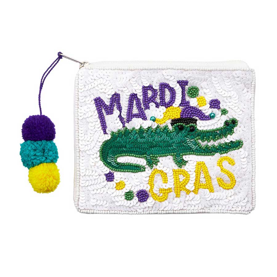 Multi Sequin Seed Beaded Mardi Gras Message Alligator Pom Pom Mini Pouch Bag, is the perfect accessory for all occasions! Crafted from top-quality sequin seed beads and adorned with Mardi Gras message, this chic pouch bag is sure to turn heads! The alligator pom pom detailing adds an extra touch of glamour and fun.