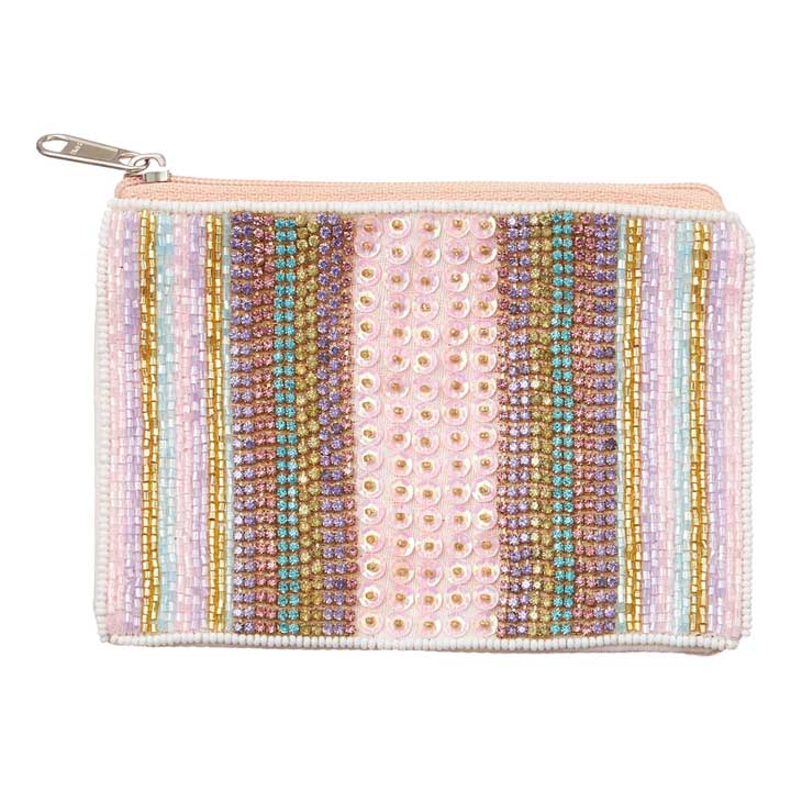 Sequin Seed Beaded Mini Pouch Bag, This mini bag is a stylish and versatile accessory for any occasion. Adorned with shimmering sequins and seed beads, it adds a touch of glamour to any outfit. With its compact size, it is perfect for carrying essentials while on the go. Elevate your style with this mini pouch bag.