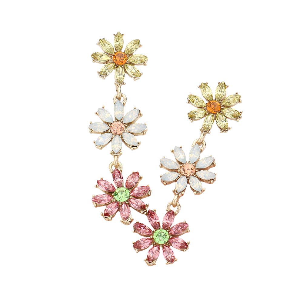 Multi Stone Cluster Triple Flower Link Dropdown Earrings are a perfect addition to any outfit. The beautiful design features a trio of clustered stones and delicate flower links, creating a unique and elegant look. Made with high-quality materials, these earrings are durable and bring a touch of sophistication to your style.