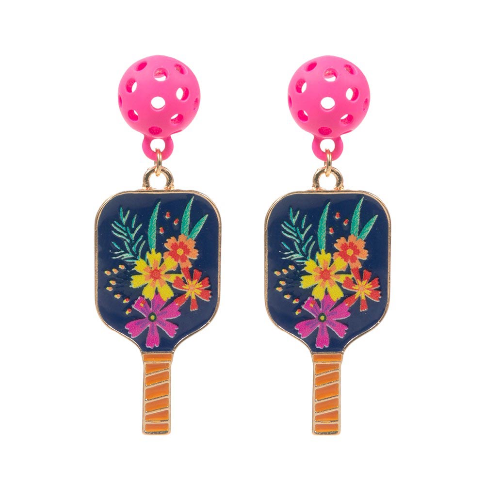 Navy Enamel Flower Pickle Ball Paddle Dangle Earrings. Step up your style game with these. These earrings feature intricately designed enamel flowers paired with pickleball paddles, making them the perfect accessory for any fashion-forward individual. Elevate your look with these exclusive and elegant earrings.