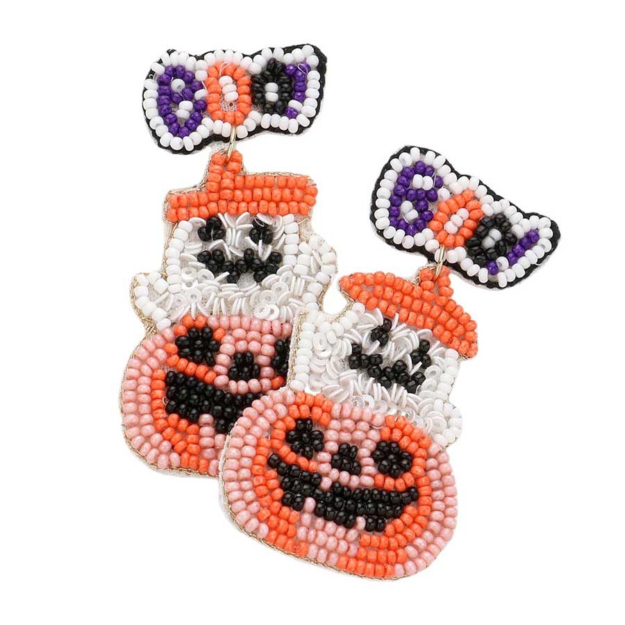Orange Boo Message Felt Back Sequin Beaded Ghost Pumpkin Earrings, are fun handcrafted jewelry that fits your lifestyle, adding a pop of pretty color. This pretty & tiny earring will surely bring a smile to one's face as a gift. This is the perfect gift for Halloween, especially for your friends, family, and your love.
