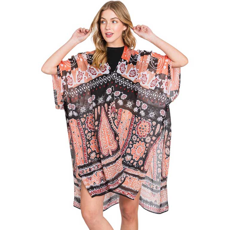 Orange Geometric Boho Print Kimono Poncho, Expertly crafted with a stylish print, this is the perfect addition to any outfit. Offering versatile and effortless style, it can easily be dressed up or down for any occasion. It's both comfortable and fashionable, making it a must-have in anyone's wardrobe.