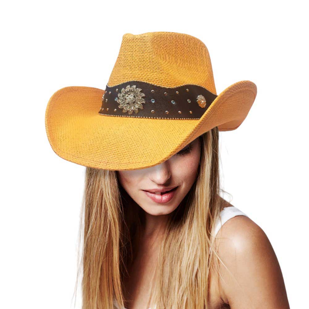 Orange Vintage Metal Western Flower Pointed Genuine Leather Straw Cowboy Hat, Expertly crafted from genuine leather and adorned with a vintage metal western flower, this cowboy hat is the perfect blend of style and functionality. The pointed design and straw material provide a classic look.