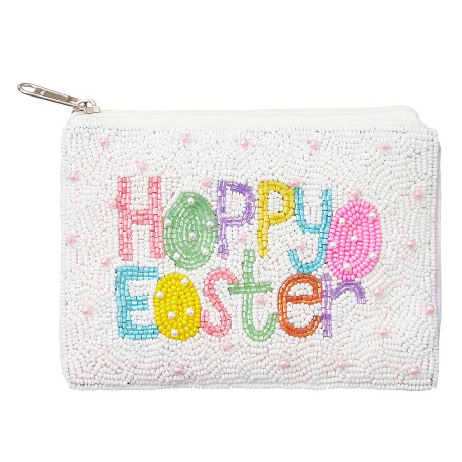 Pearl Embellished HAPPY EASTER Message Seed Beaded Mini Pouch Bag, This mini pouch bag is a fashionable and festive addition to your Easter outfit. Adorned with pearl embellishments and a "HAPPY EASTER" message made with seed beads, it adds a touch of sophistication to your holiday look.