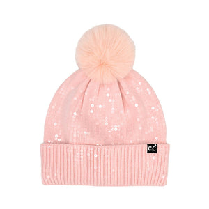 Pink C.C All Over Clear Sequin Pom Beanie, this C.C beanie stands out with its sparkling sequins that cover the entire surface. It's the autumnal touch you need to finish your outfit in style. Awesome winter gift accessory for Birthdays, Christmas, Anniversary, or Valentine's Day to your friends, family, and loved ones.