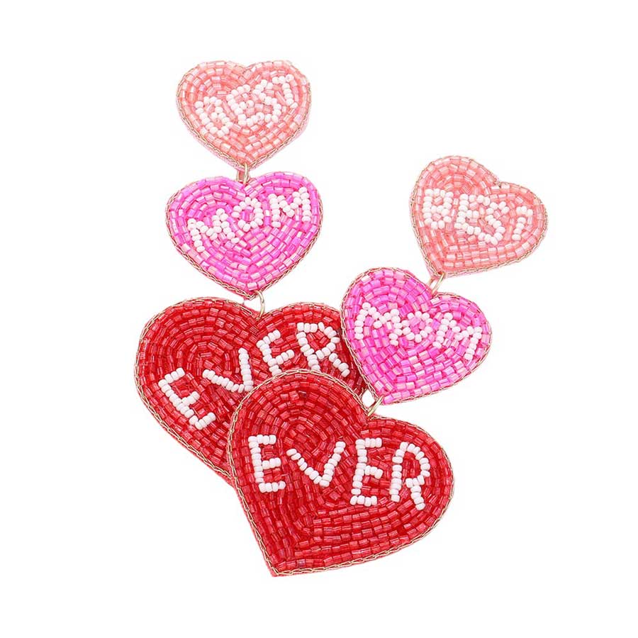 Blue Felt Back BEST MOM EVER Message Triple Heart Beaded Dropdown Earrings, feature a felt backing and a heartfelt message - BEST MOM EVER. Show your mom how much you appreciate her with these stylish and meaningful earrings. Show your love and admiration with these lovely earrings.