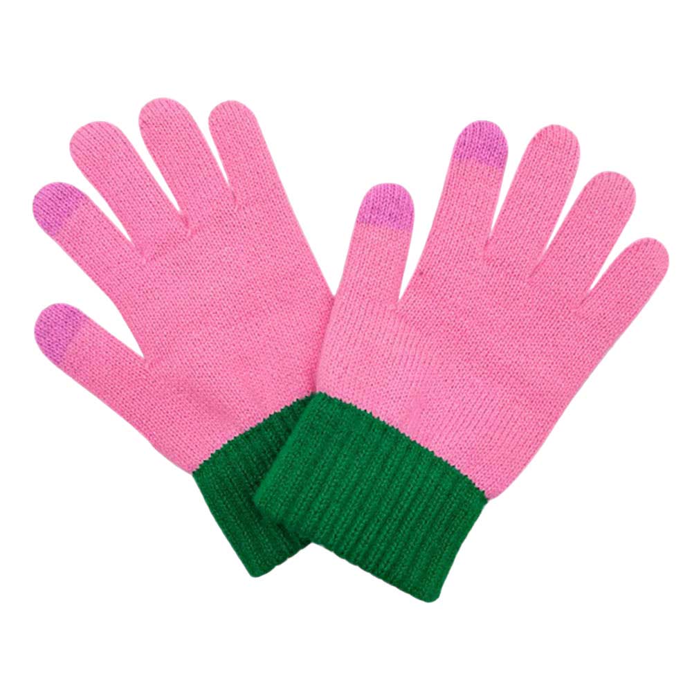 Pink Green Color Block Ribbed Touch Smart Gloves, crafted from a soft, luxe ribbed fabric, these gloves feature specialized conductive fingertips to keep you in touch with your technology while keeping you warm. A pair of these gloves are awesome winter gift for your family, friends, anyone you love, and even yourself. 